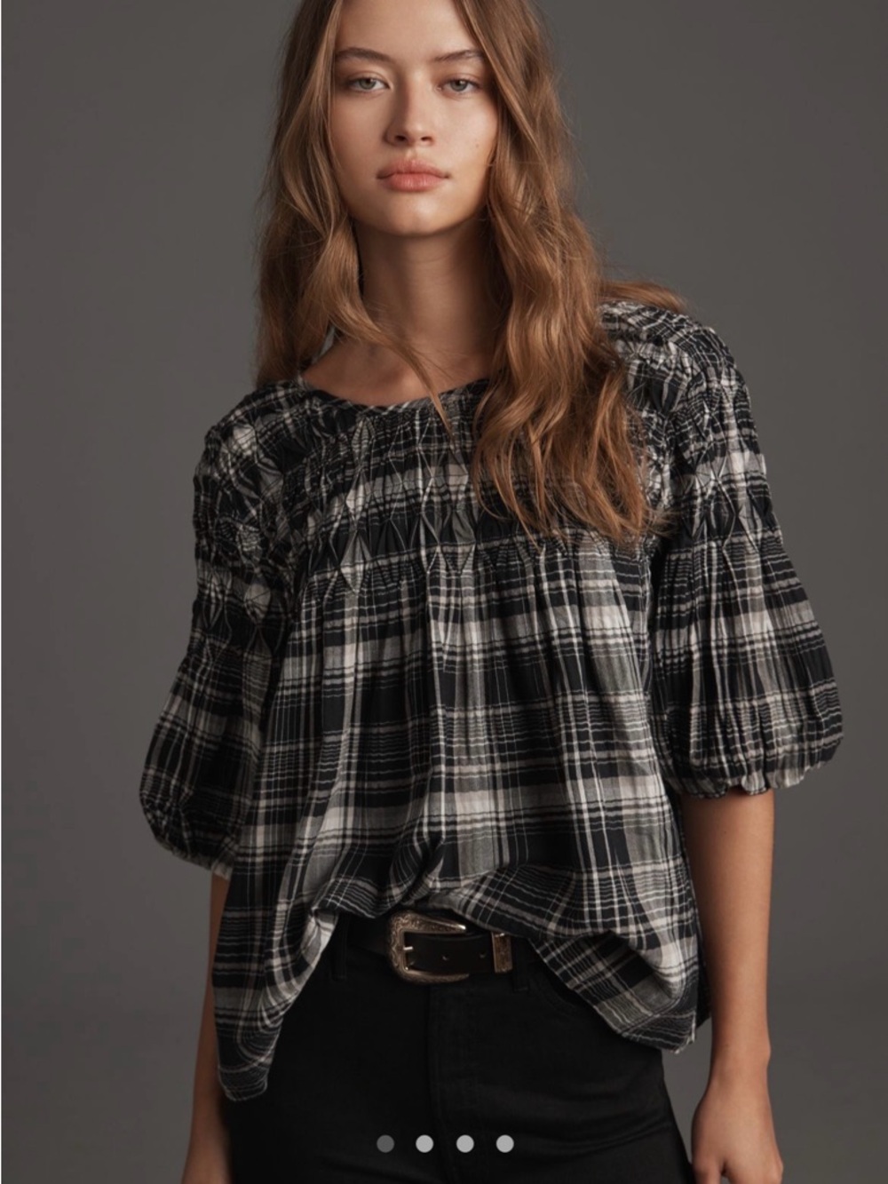 Pilcro Black & White Plaid Smocked Puff-Sleeve Top